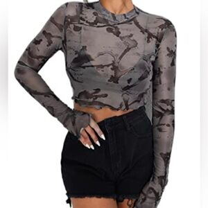 SHEIN ICON Mock Neck Lettuce Trim Sheer Mesh Top Size S